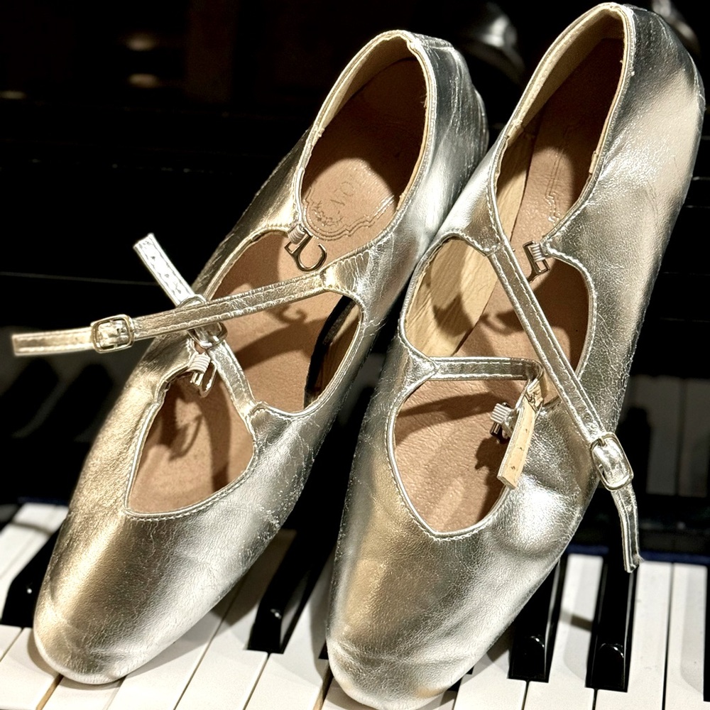 Silver Ballet Flats Double Strap Mary Jane Tuggle Strap 6.5